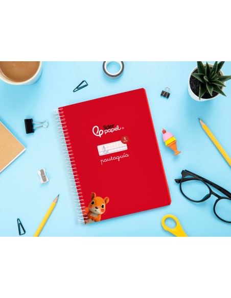 Cuaderno espiral liderpapel a5 pautaguia tapa blanda 40h 75gr cuadro pautado 5mm color rojo