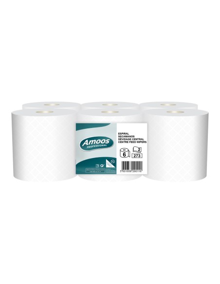 Papel secamanos amoos industrial 2 capas 32g/m2 blanco 90 m paquete de 6 rollos