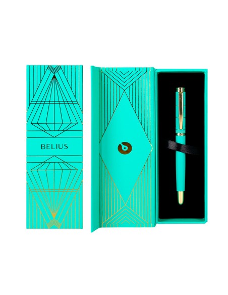 Boligrafo belius soiree aluminio color art deco turquesa y dorado tinta azul caja de diseño