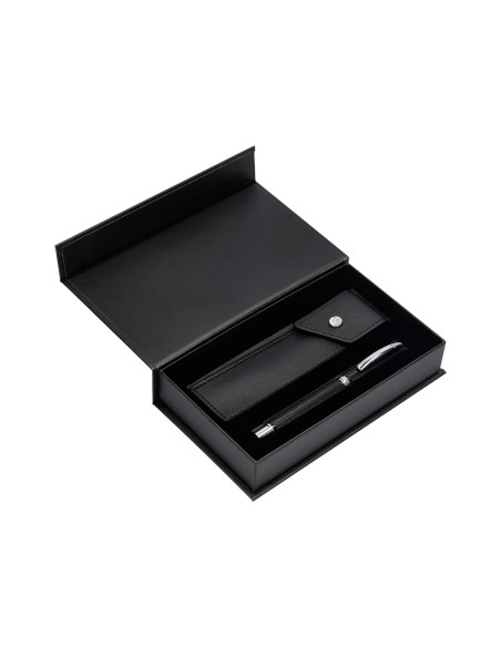 Boligrafo y estuche belius turbo aluminio textura punteada negro y plateado tinta azul caja de diseño
