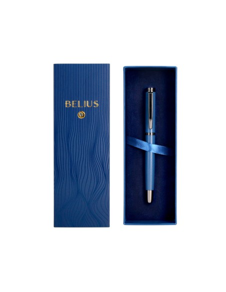 Boligrafo belius neptuno aluminio textura wavy color azul marino tinta azul caja de diseño