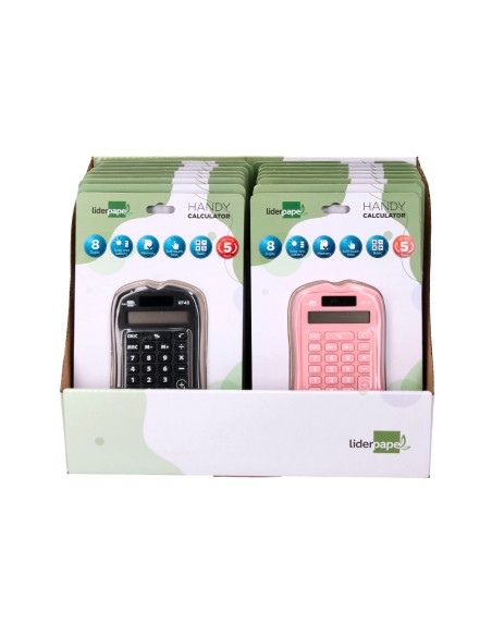 Calculadora liderpapel bolsillo xf44 8 digitos solar y pilas 94x59,5x10,5mm coloresnegro verde rosa exp de 16