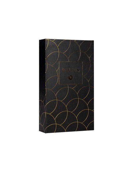 Pluma y estuche cuero belius passion dor aluminio textura cepillada color negro y dorado tinta azul caja diseño
