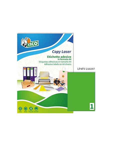 Etiqueta adhesiva tico verde f luorescentes permanente fsc laser/inkjet/fotocopia 210x297 mmcaja de 70 unidades
