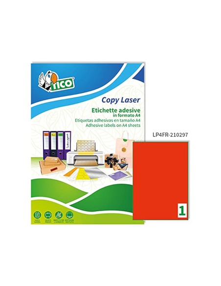 Etiqueta adhesiva tico rojo fl uorescentes permanente fsc laser/inkjet/fotocopia 210x297 mmcaja de 70 unidades
