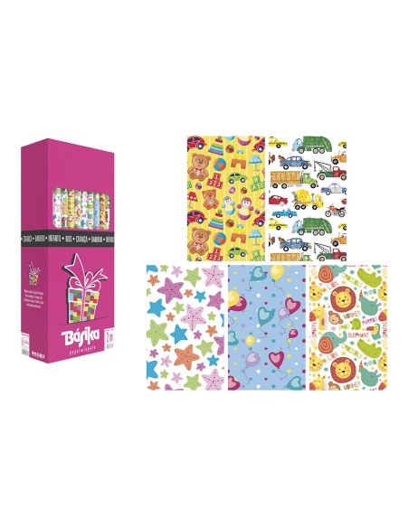 Papel de regalo basika infantil rollo ancho 70 cm longitud 2 m diseños surtidos gramaje 60 g