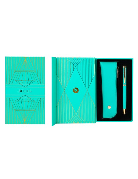Boligrafo y estuche belius soiree color art deco turquesa y dorado tinta azul caja de diseño
