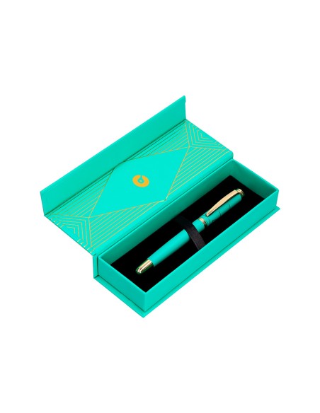 Boligrafo belius soiree aluminio color art deco turquesa y dorado tinta azul caja de diseño