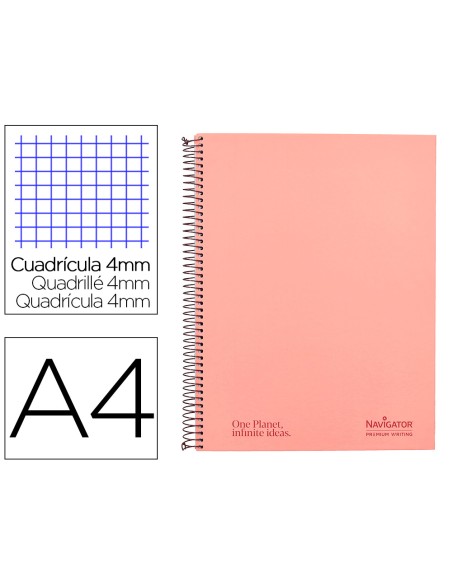 Cuaderno espiral navigator a4 tapa dura 80h 80gr cuadro 4mm con margen coral