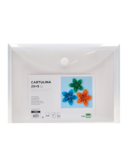 Cartulina liderpapel a4 180g/m2 blanco paquete de 25+5 hojas en carpeta dossier transparente