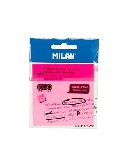 Bloc de notas adhesivas quita y pon milan 76x76 mm removible plastico translucido rosa fluor 50 hojas