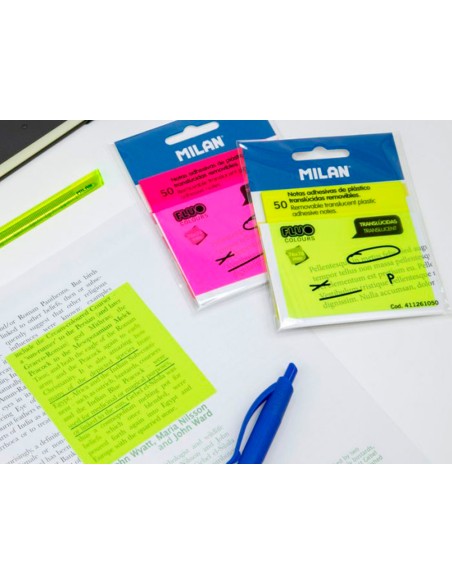 Bloc de notas adhesivas quita y pon milan 76x76 mm removible plastico translucido amarillo fluor 50 hojas