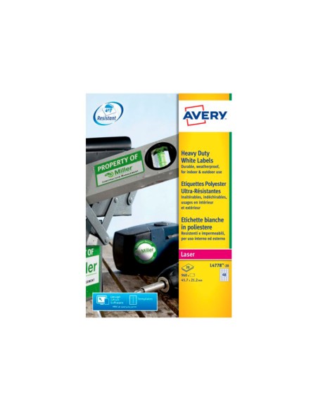 Etiqueta adhesiva resistente avery poliester blanco laser 45,7x21,2 mm caja de 960 unidades