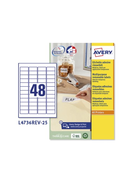 Etiqueta adhesiva avery blanca removible para laser ink-jet fotocopiadora 45,7x 21,2 mm caja de 1200 unidades
