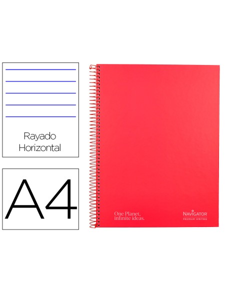 Cuaderno espiral navigator a4 micro tapa forrada 80h 80gr cuadro 5mm 1 banda color rojo