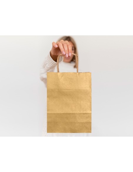Bolsa papel q-connect kraft oro xs con asa retorcida 180x240x80 mm