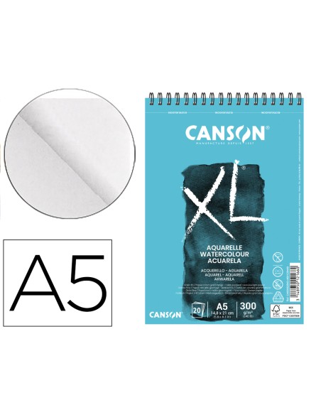 Bloc dibujo acuarela canson xl aquarelle grano fino din a5 microperforado espiral 14,8x21 cm 20 hojas 300 gr/m2