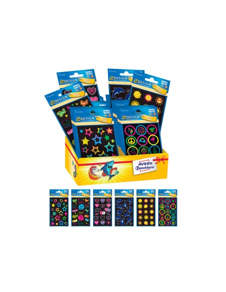 Pegatinas avery neon 6 modelos diferentes expositor de 60 blister surtidos