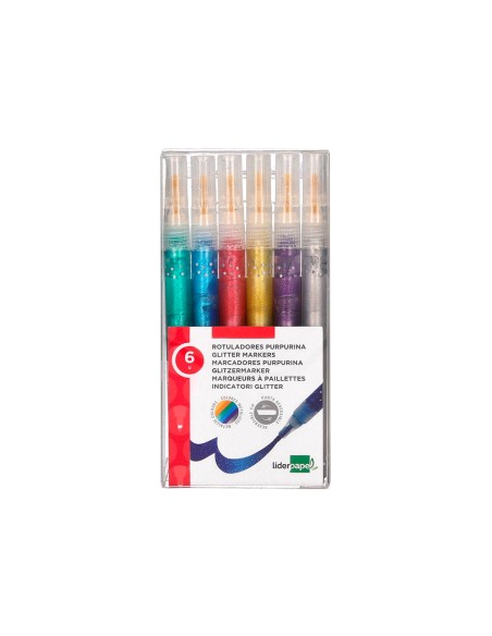 Rotulador liderpapel efecto purpurina metalizada punta reversible bolsa de 6 unidades colores surtidos