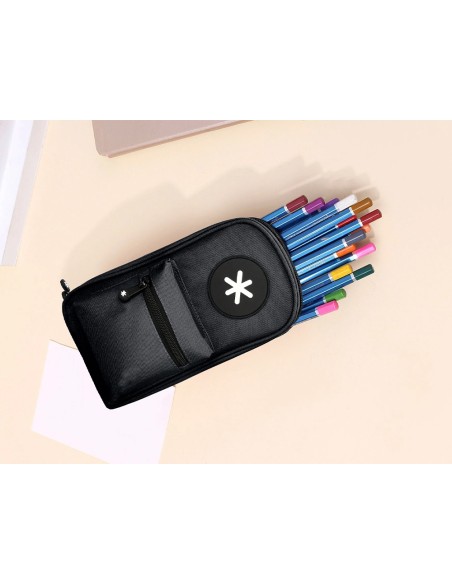 Estuche portatodo antartik forma de mochila con bolsillo y 4 departamentos color negro 230x50x120 mm