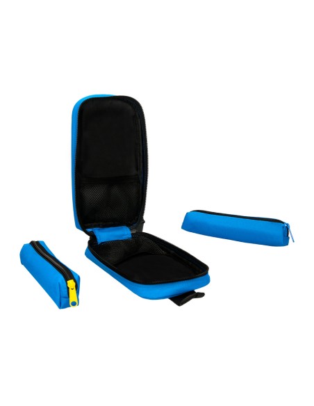 Estuche portatodo antartik forma de mochila con bolsillo y 4 departamentos color azul 230x50x120 mm