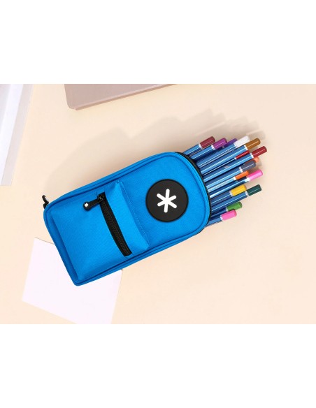 Estuche portatodo antartik forma de mochila con bolsillo y 4 departamentos color azul 230x50x120 mm