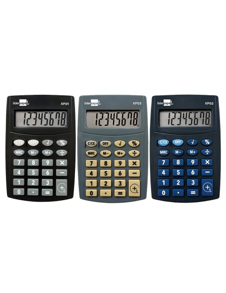 Calculadora liderpapel bolsillo xf04 8 digitos pilas 99x64x9 mm expositor de 16 unidades colores surtidos