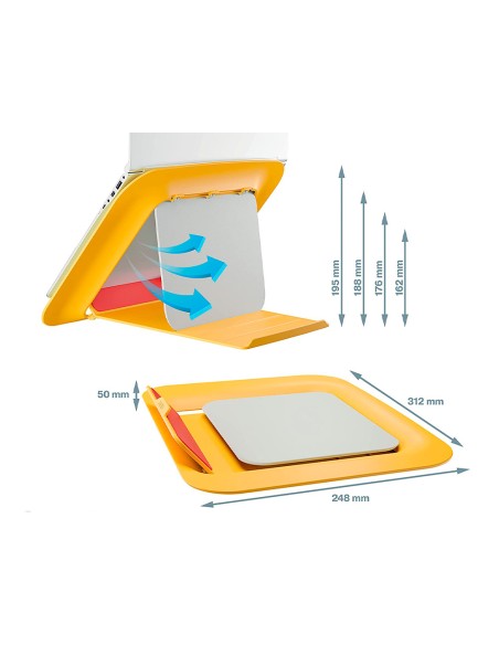 Soporte para portatil leitz ergo cosy ajustable 4 alturas color amarillo 310x50x247 mm