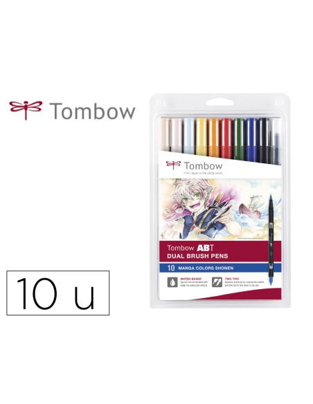 Rotulador tombow abt dual brush acuarelable doble punta fina/pincel estuche de 10 colores manga shonen