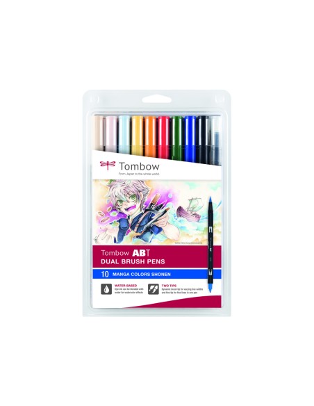 Rotulador tombow abt dual brush acuarelable doble punta fina/pincel estuche de 10 colores manga shonen