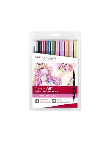 Rotulador tombow abt dual brush acuarelable doble punta fina/pincel estuche de 10 colores manga shojo