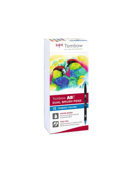 Rotulador tombow abt dual brush acuarelable doble punta fina/pincel estuche de 18 colores primarios