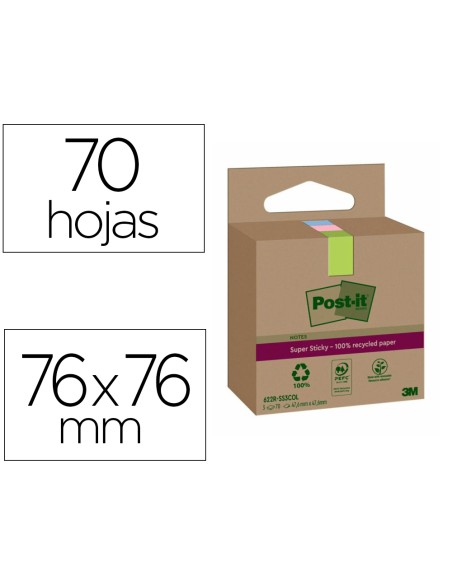 Bloc de notas adhesivas quita y pon post-it super sticky 76x76 mm 70 hojas recicladas paquete de 3 unidades colores