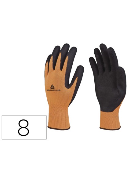 Guantes deltaplus poliester impregando latex palma y dedos naranja fluor/negro talla 8