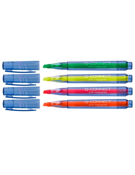 Rotulador q-connect fluorescente punta biselada fabricado pet reciclado caja de 4 unidades colores surtidos