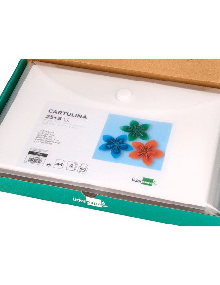 Cartulina liderpapel a4 180g/m2 blanco paquete de 25+5 hojas en carpeta dossier transparente