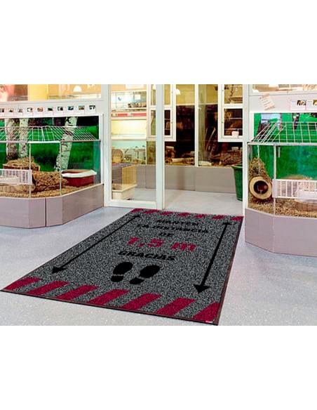 Alfombra para suelo de paso novus manten la distancia de 1,5 m gracias fondo gris 85x150 cm
