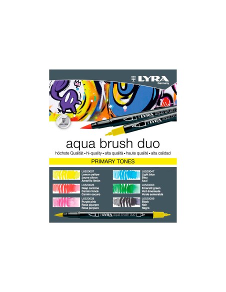 Rotulador lyra aqua brush acuarelable doble punta y pincel tonos primarios blister de 6 unidades