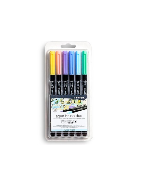 Rotulador lyra aqua brush acuarelable doble punta y pincel tonos pastel blister de 6 unidades surtidas