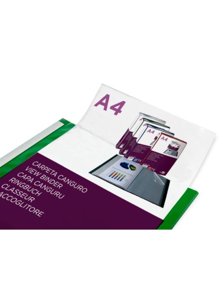 Carpeta liderpapel 30 fundas canguro pp din a4 verde translucido portada y lomo personalizable