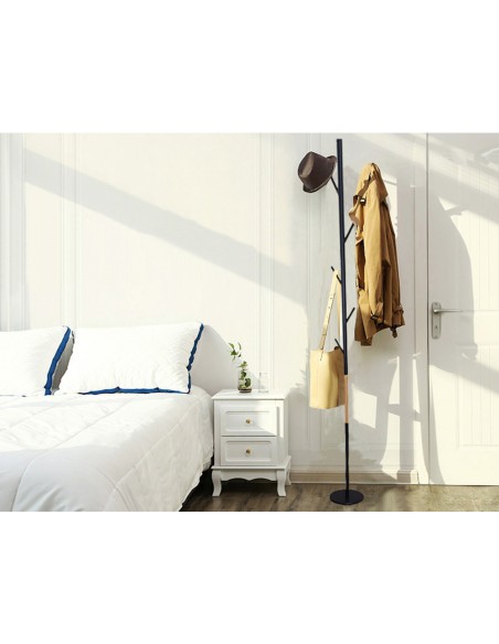 Perchero metalico q-connect negro con detalles de madera 5 colgadores 177x28,5 cm