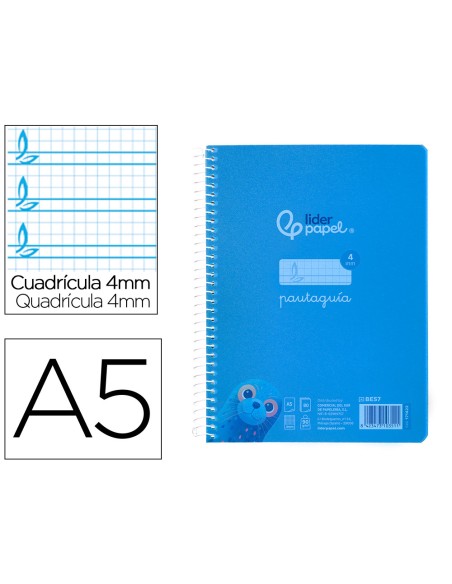 Cuaderno espiral liderpapel a5 pautaguia tapa plastico 80h 90gr cuadro pautado 4mm con margen color azul
