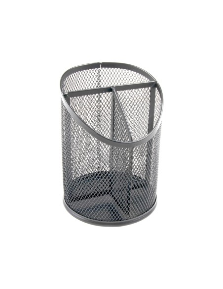 Cubilete portalapices q-connect plata metal redondo rejilla con 3 compartimentos diametro 110 mm alto 147 mm