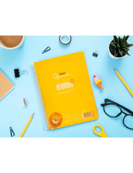 Cuaderno espiral liderpapel a5 pautaguia tapa plastico 80h 90gr cuadro pautado 4mm con margen color amarillo