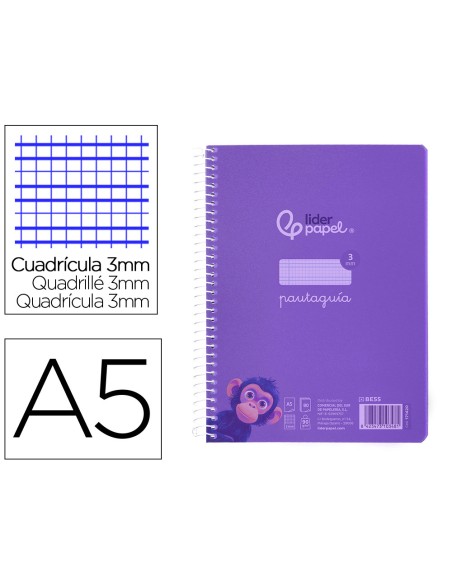 Cuaderno espiral liderpapel a5 pautaguia tapa plastico 80h 90gr cuadro pautado 3 mm con margen color lila