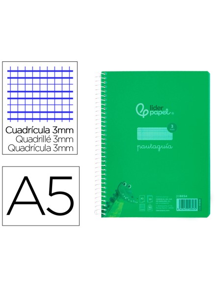 Cuaderno espiral liderpapel a5 pautaguia tapa plastico 80h 90gr cuadro pautado 3 mm con margen color verde
