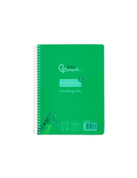 Cuaderno espiral liderpapel a5 pautaguia tapa plastico 80h 90gr cuadro pautado 3 mm con margen color verde
