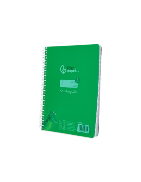 Cuaderno espiral liderpapel a5 pautaguia tapa plastico 80h 90gr cuadro pautado 3 mm con margen color verde