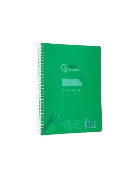 Cuaderno espiral liderpapel a5 pautaguia tapa plastico 80h 90gr cuadro pautado 3 mm con margen color verde