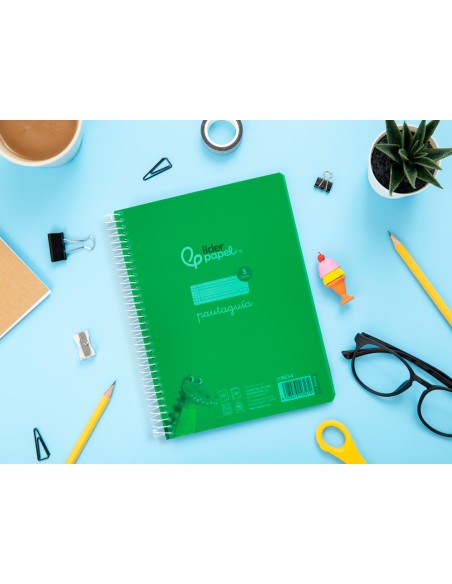 Cuaderno espiral liderpapel a5 pautaguia tapa plastico 80h 90gr cuadro pautado 3 mm con margen color verde